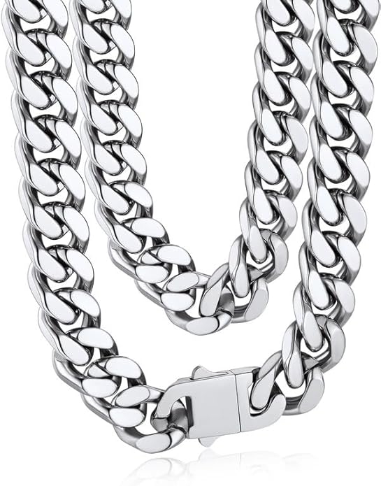 Bandmax Mens Stainless Steel Chain Necklaces 5/7/9/12MM Chunky Miami Cuban Link Chain Necklace Bracelet Silver/Gold Plated/Black Chains for Men 18"-30"