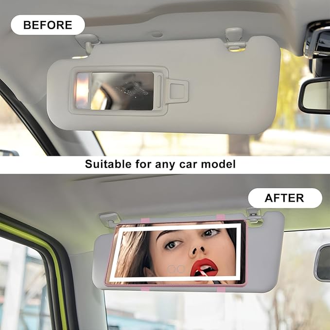 LED Car Sun Visor Vanity Mirror, Dimmable Rechargeable Vehicle Touch Screen Cosmetic Mirror with 3 Light Modes & 60LEDs, Auto Interior Rear View Makeup Accessories, Universal Fit (Pink/LED)