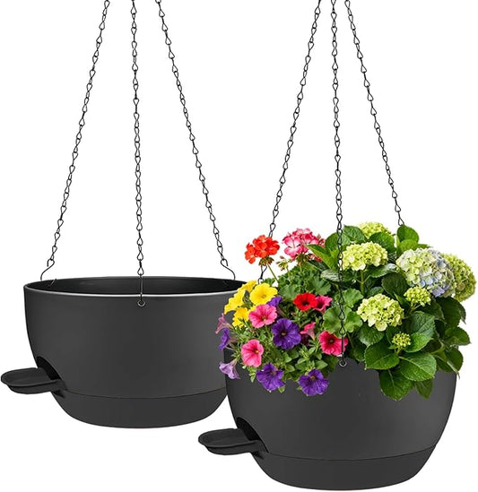 2 Pack Hanging Planters for Indoor Outdoor Plants, 12 Inch Self Watering Hanging Pot with Drainage Holes and Saucer, Plastic Plant Pots, Black Flower Pots for Kitchen, Balcony, Garden