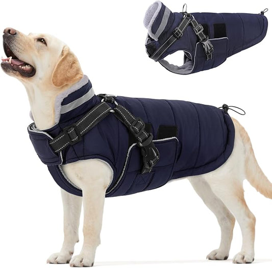 Queenmore XXXL Dog Coats for Extra Large Dogs Winter with Harness Built-in, Warm Waterproof Jacket Large, Cold Weather Outdoor Puffer Coat - Fleece Lining Hook & Loop Closure Reflective Easy On, Navy