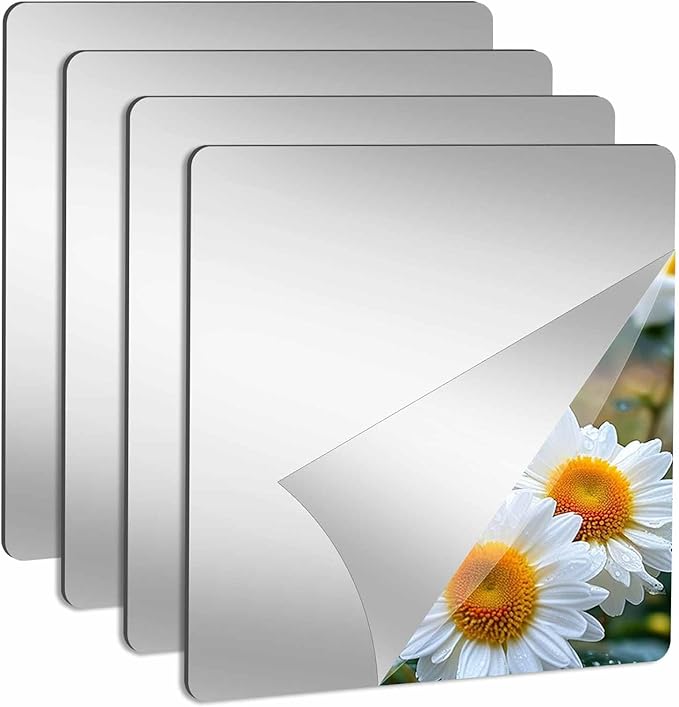 Abyssaly 4 Pack Wall Mirror Full Length, 11.8" x 11.8" Flexible Acrylic Mirror Tiles, Small Plastic Frameless Non-Glass Stick on Espejos Stickers for Bedroom Home Gym Door