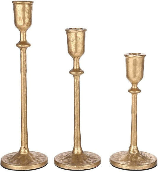 Antique Brass Iron Taper Candle Holder - Set of 3 Decorative Candle Stand, Candlestick Holder for Wedding, Dinning, Party
