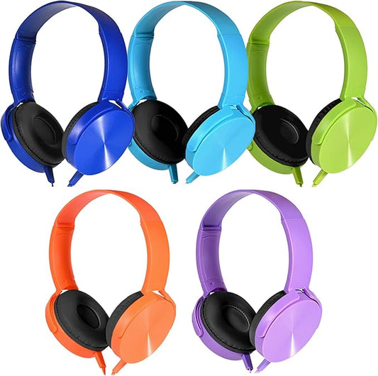 Kids Headphones Bulk 5 Pack for School Classroom K-12, Wholesale Class Set Durable Earphones for Students Children Toddler Teens Boys Girls and Adult (HY450, 5 Mixed)