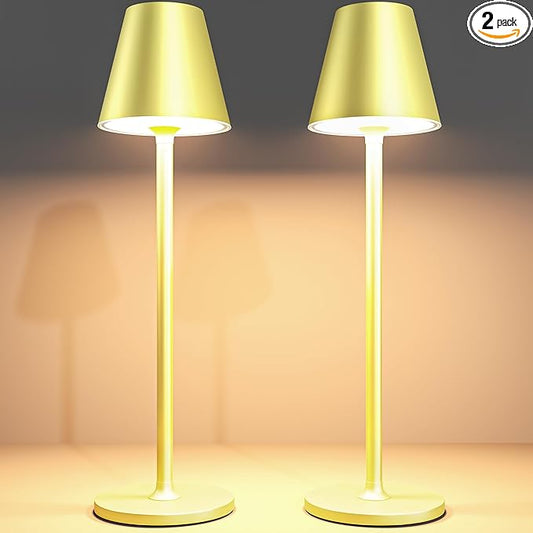 2-Pack Cordless Table Lamps - 5000mAh Rechargeable Battery Operated Desk Lamp, 3-Level Dimmable LED Night Light for Bedroom, Dining, Restaurant - Metal Design (Champagne Gold 2Pack)