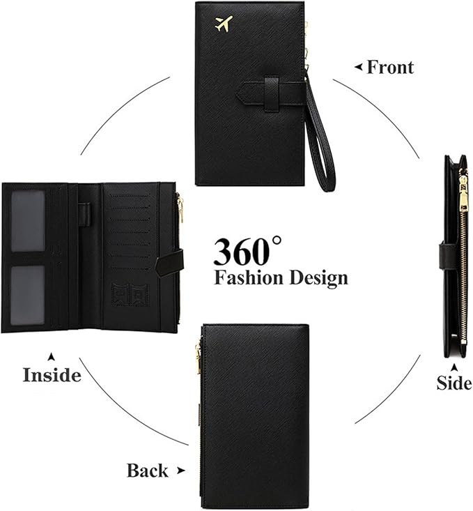Waterproof Family Passport Organizer with RFID Blocking Genuine Leather Document Holder Card Slots Travel Wallet for Women Men Black (Pink)