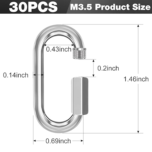 M3.5-30 Pack 1.46” Quick Links Chain Connectors, 1/8″ Galvanized Chain Locking Hooks, 180LBS Heavy Duty Thread Quick Link Clips, Twist Oval Keychain D Shape for Swing, Backpack, Key Ring