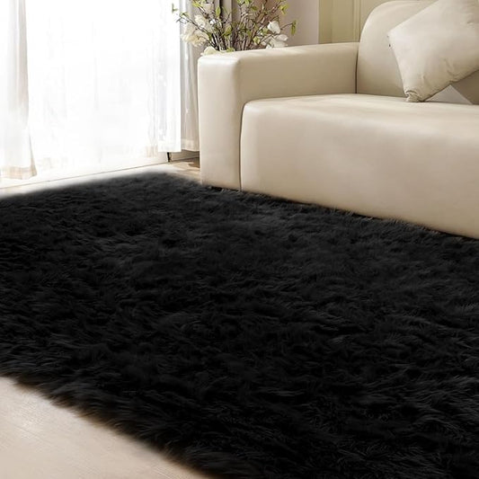 Washable 6x9 Area Rugs for Living Room Black Fuzzy Faux Sheepskin Shag Fur Rug for Bedroom Nursery Rectangle Rug Home Décor