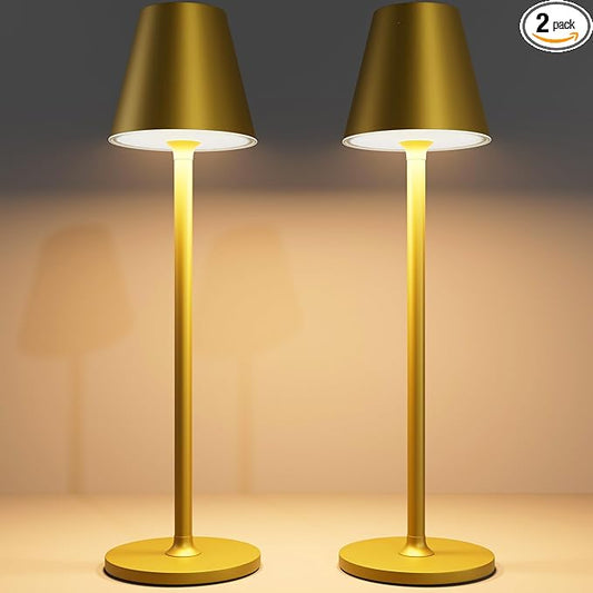 2-Pack Cordless Table Lamps - 5000mAh Rechargeable Battery Operated Desk Lamp, 3-Level Dimmable LED Night Light for Bedroom, Dining, Restaurant - Metal Design (Bronze 2PACK)