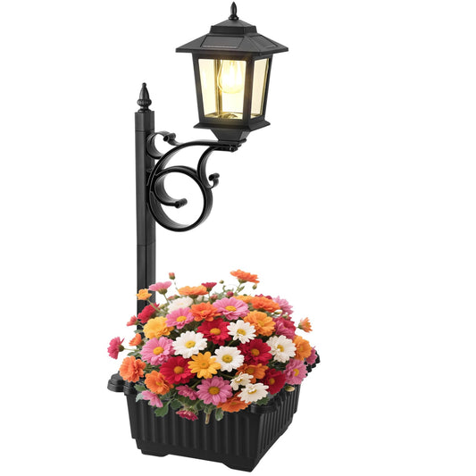 Melunar Solar Post Lamps with Flower Pots, Waterproof, Outdoor Decorative Light for Garden, Patio, Black, Model SLP011