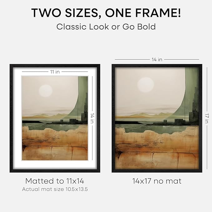 Homeforia 14x17 Picture Frame Black Wood, High End Oak 14x17 Frames with Mat 11x14 Photo, 14 x 17 Wooden Poster Frame Matted to 11 by 14 Print, 17x14 Hanging Frames, Tempered Glass, Wall Kit, Set of 2