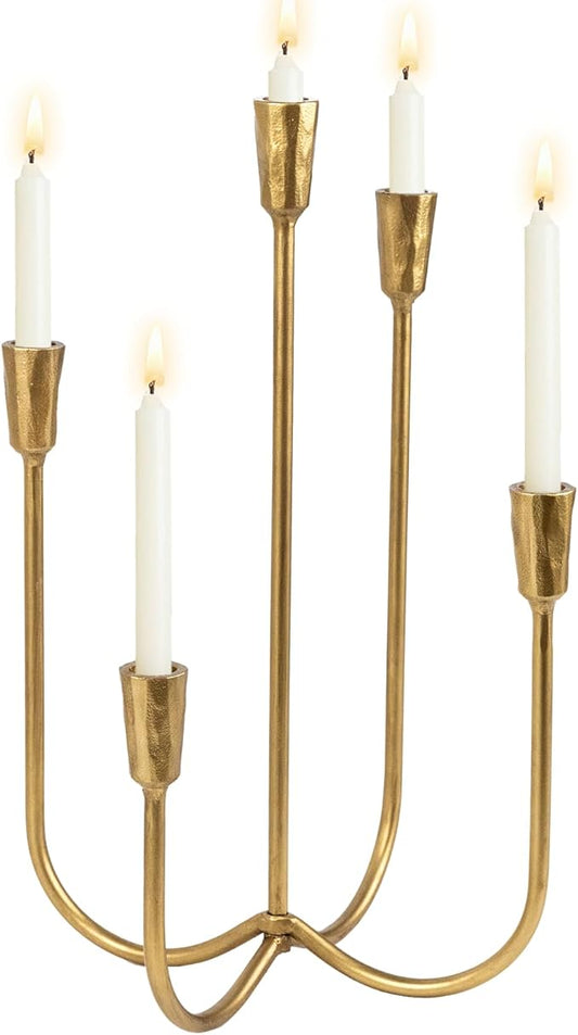 5 Candle Candelabra Antique Brass Finished, 17.5 Inch Tall Candlestick Holder Cast Iron Candle Holder Stand for Taper Candles, Elegant Centerpiece for Farmhouse, Wedding, Mantel & Dining Room
