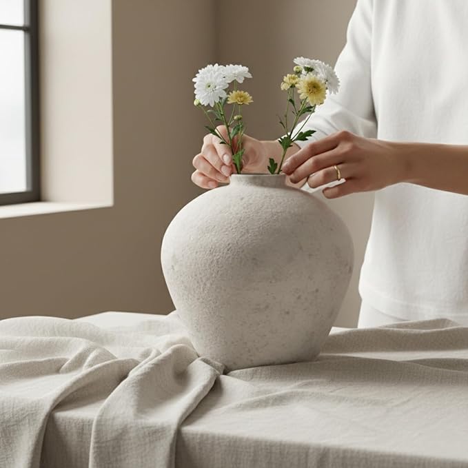 Handemade Large Round Vase for Centerpieces, White Rustic Vase Farmhouse Decor, Distressed Textured for Home Decorations, Earthy Room Decor Aesthetic, Stone Look Ceramic Clay Pottery, 10 inch