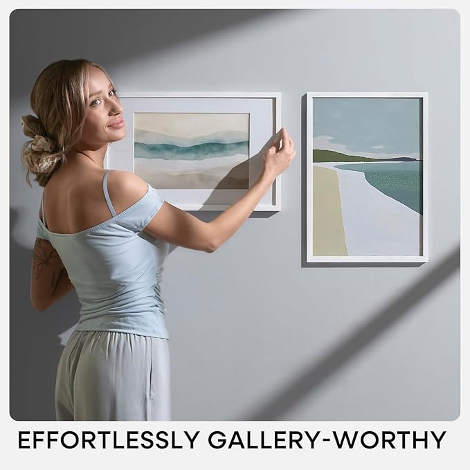 Homeforia 12x12 White Frame Wood, High End Oak 12 x 12 Square Picture Frames with Mat 10 by 10 inches Photo, 12by12 White Wooden Poster Frames Matted to 10x10 Print, Tempered Glass, Wall Kit, Set of 1