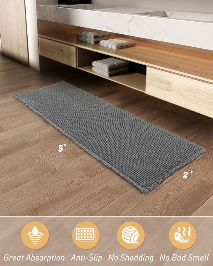 Upgraded Waffle Runner Rug Super Absorbent Non Slip Bath Mats for Bathroom Machine Washable Bathroom Runner Rug with Tassels, Ideal for Hallway Bedroom Laundry Room, Dark Grey, 2' x 5'(24" x 60")