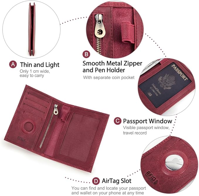 CONTACTS Full Grain Leather Airtag Passport Holder RFID Blocking Travel Passport Wallet Slim Passport Cover Case with 4 Cards Slots, Coin Pocket (Badge, Wine Red)