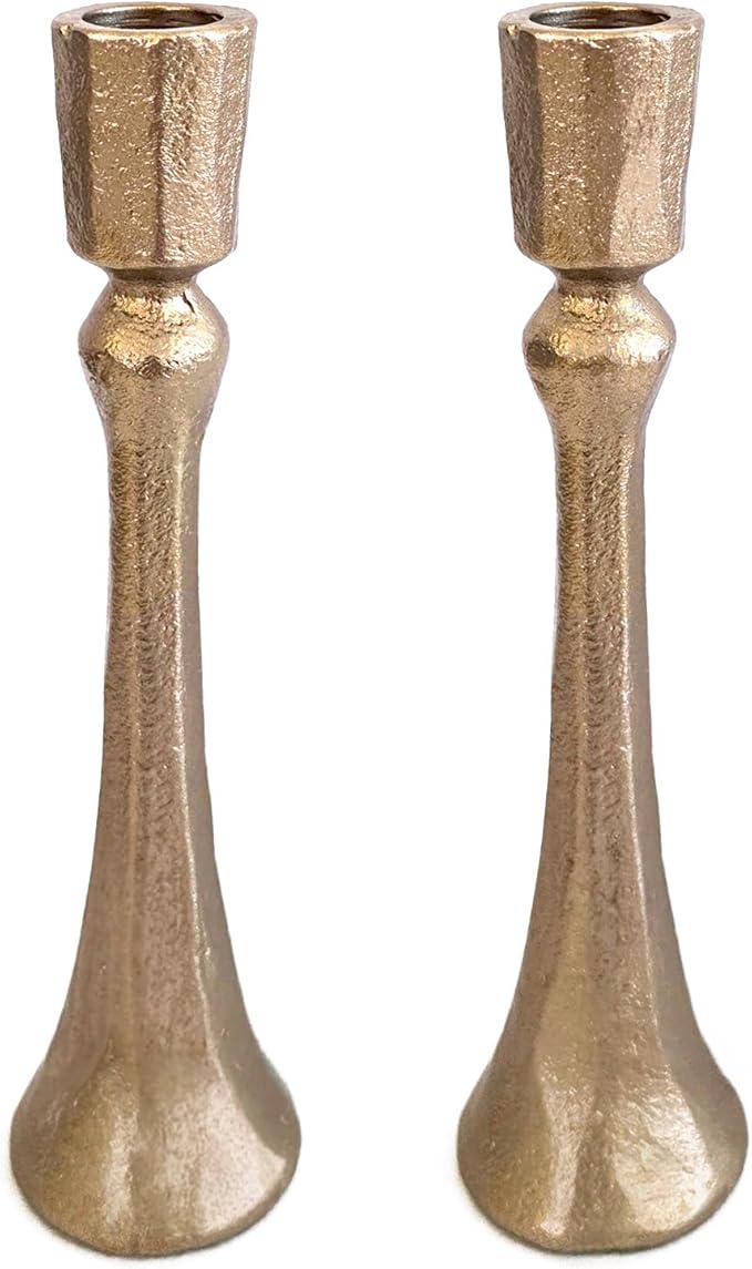 Yair Emanuel Tapered Shabbat Candle Holders Pair – Rustic Sculpted Design in Brass or Silver Finish Judaica Gift for Weddings, Shabbat and Holidays (Ancient Brass, 7.1 Inch)