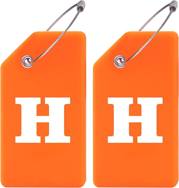 Gostwo 2 Pack Silicone Luggage Tags for Suitcases, 26 Initial Letter Baggage Labels Handbag School Bag Suitcase Instrument Tag with Stainless Steel Loop(Orange)(Letter H)