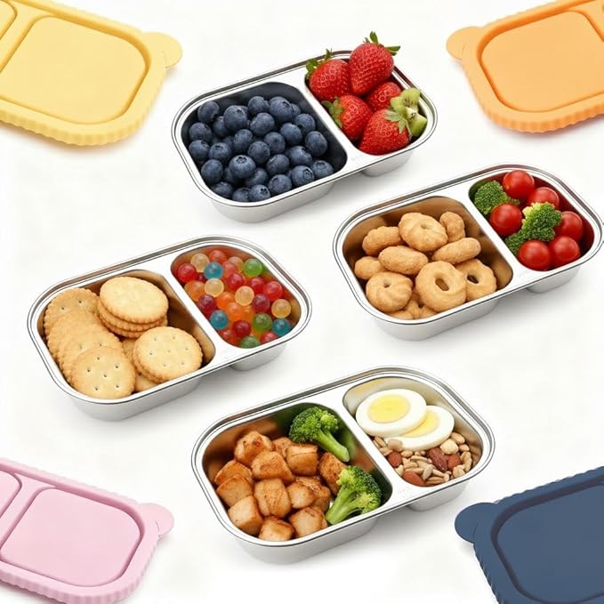 SHRONGZHI 304 Stainless Steel 2-Compartment Snack and Lunch Container with Easy-Open Silicone Lid, Built-In Utensil Clip, Leak-Proof and Stackable Design - Reusable Food Storage Box (SET B, 4 Pack)