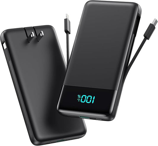 Portable Charger for iPhone,13800mAh Slim Power Bank with Built-in Cables & AC Wall Plug,All in One 4 Outputs USB C Fast Charging Battery Pack Powerbank for iPhone 17/16/15/14,Android,Travel Essential