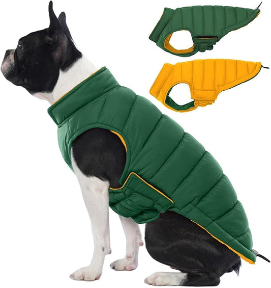 Lelepet Reversible Dog Coat Waterproof Dog Jacket Windproof Puffer Vest for Winter Warm Lightweight Coats for Small Dogs Adjustbale Hook & Loop Pet Apparel with Leash Hole, Chihuahua, Green, XS