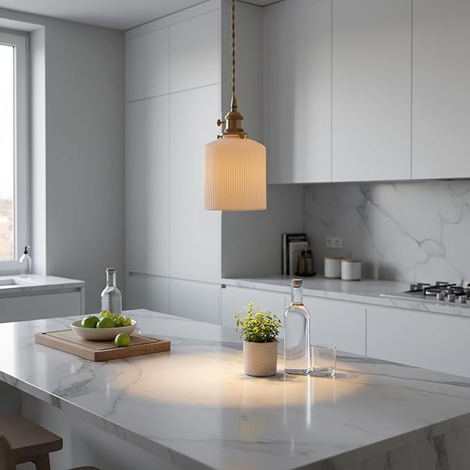 Modern Farmhouse Mini Pendant Light with White Ceramic Cylindrical Shade, Brass E26 Socket with On/Off Switch, Hardwired Hanging Lamp for Vanity, Kitchen Sink Lighting Bar Counter