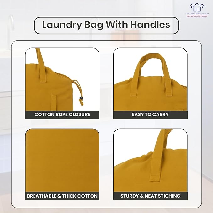 LFH Home Large Premium Cotton Canvas Laundry Bag with Drawstring and Handles Heavy Duty, Multi-Use, and Washable for Home, Travel, College or Storage 28x40 (Pack of 4)-Yellow