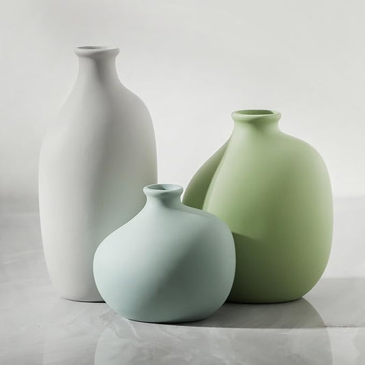 Ceramic Vase Set of 3, Small Rustic Farmhouse Pottery Vases for Home Decor, Perfect for Pampas Grass, Ideal for Living Room, Bedroom, Kitchen, Bathroom, Bookshelf, Table Centerpiece.