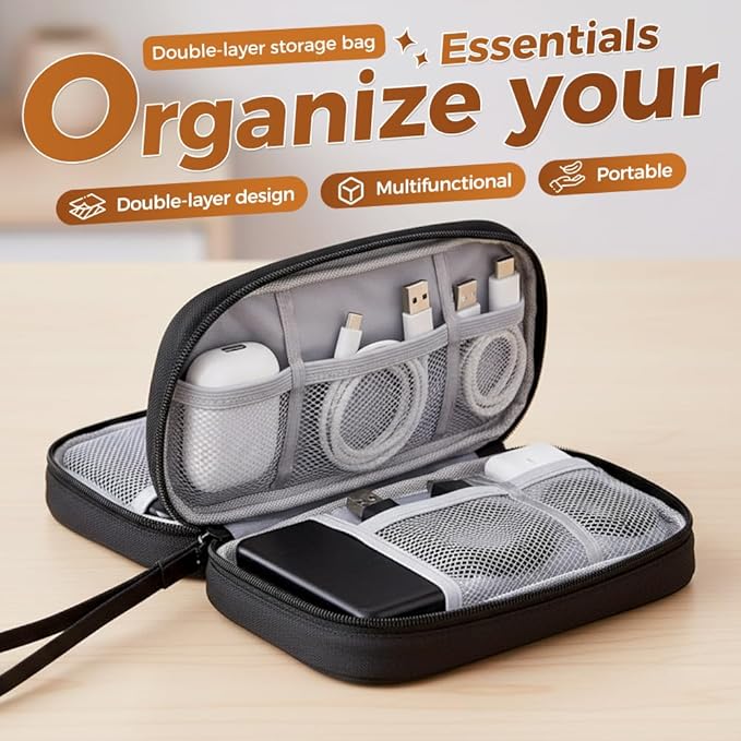 Qeuxv 2026 Travel Cable Organizer Pouch, Electronic Accessories Carry Case, Portable Waterproof Double Layers All-in-One Storage Bag for Cable, Charger, Mobile phone, Headphones (Black)