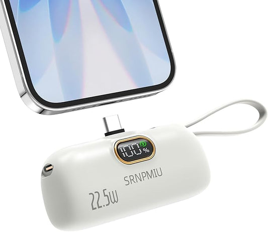 Portable Charger for iPhone 17/16/15 Series, 5000mAh Mini Power Bank with Built-in USB C Connector, 22.5W Fast Charging Battery Pack for Samsung Galaxy S25/S24/S23 Series, iPad etc (White)