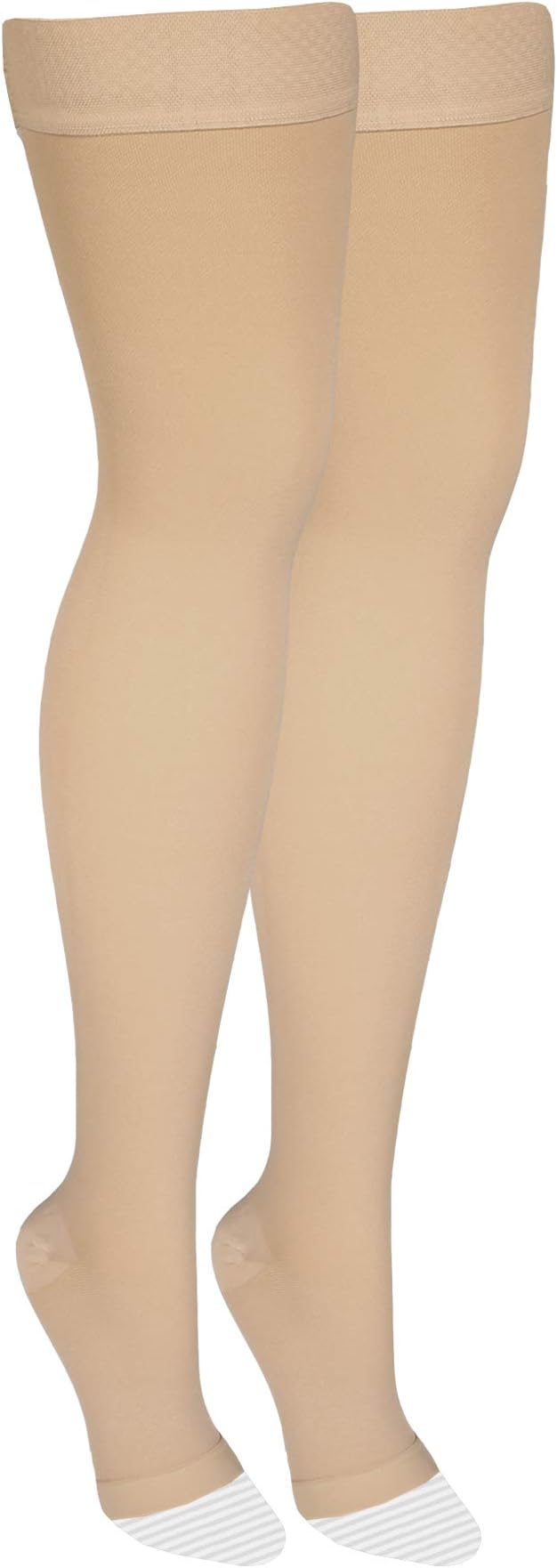 Amazon Basic Care Medical Compression Stockings, 20-30 mmHg Support, Women & Men Thigh Length Hose, Open Toe, Beige, Small (Previously NuVein)