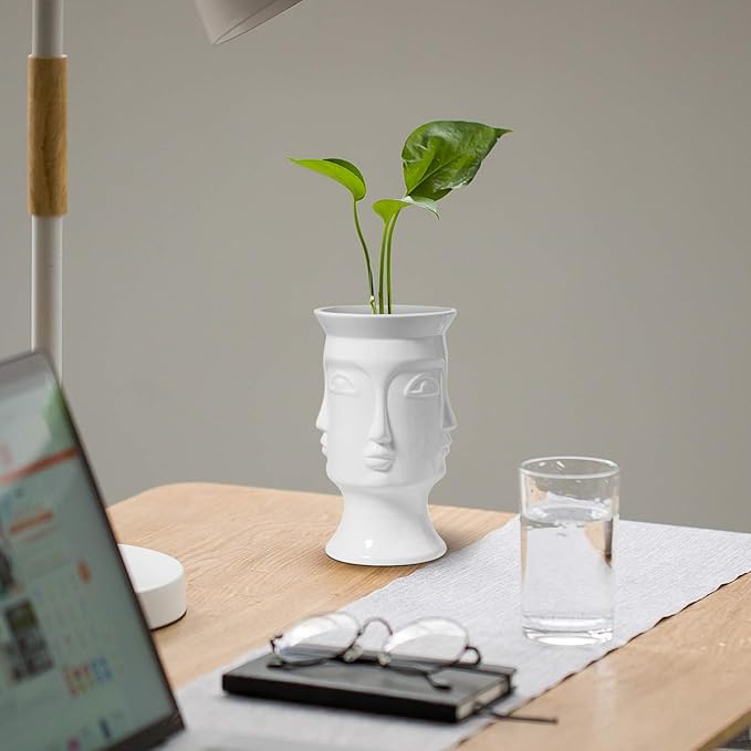 ComSaf Ceramic Flower Vase White, Modern Human Face Design Bud Vase Tall Posy Bouquet Centerpiece for Home, Wedding, Christmas Decoration (7 Inch Height)