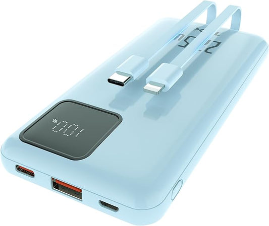 Portable Charger built-in Cables,Super fast charging Power Bank with Cords Wires,Slim 10000mAh Travel Battery Pack 4 Outputs 2 Inputs 3A Fast Charging compatible with IPhone Samsung Android (Blue)