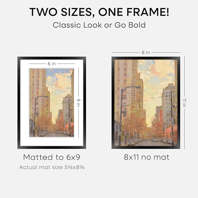 Homeforia 8x11 Picture Frame Black, High End Metal 8 x 11 Poster Frames with Mat 6 by 9 for Photo, 11x8 Frame Matted to 6x9 inch Print, 8by11 Wall or Tabletop Frame, Tempered Glass, Wall Kit, Set of 1