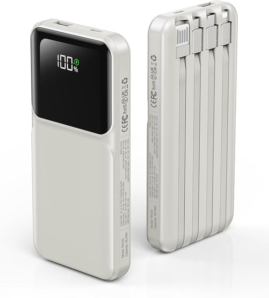 Portable Charger with Built in Cable - Power Bank Fast Charging USB C LED Display 10000mah Battery Pack 5 Outputs & 3 Inputs for Travel Essentials iPhone Samsung Android Phones Tablets Grey
