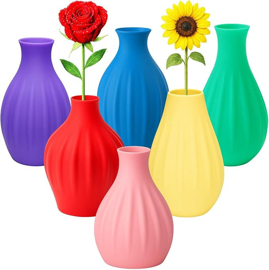 Small Unbreakable Plastic Bud Vases - Set of 6 Colorful Mini Flower Vases (3.2"-3.9") - Weighted & Leak-Proof for Table Centerpieces & Plant Lovers