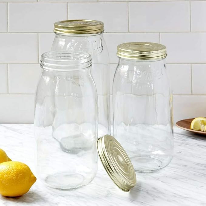Le Parfait Screw Top Jars - Wide Mouth French Glass Preserving Jars - Zero Waste Packaging (4, 1000ml - 32oz - 1L Gold Lid)
