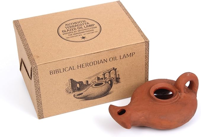 Biblical Herodian Oil Lamp with Handle – Glazed Clay Replica in Gift Box with Certificate of Authenticity - Handmade Holy Land Judaica & Christian Gift