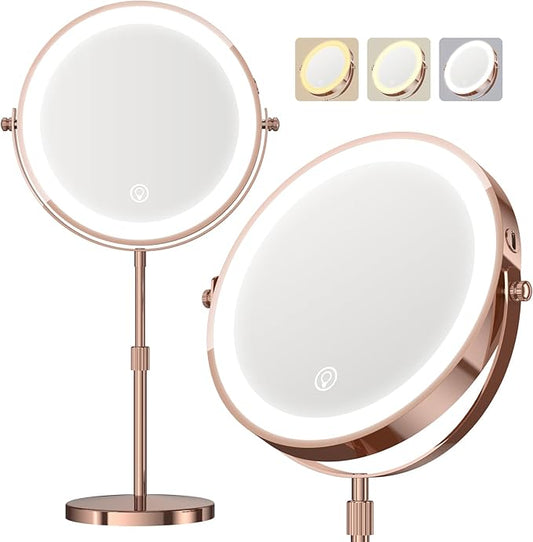 Makeup Mirror with Lights, 5000 mAh Rechargeable Double Sided Magnifying Vanity Mirror with 3 Colors, 1x/20x, 360° Rotation , Brightness Adjustable Magnification Lighted Makeup Mirror, Women Gift