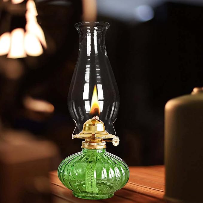 Large Oil Lamp for Indoor Use,Rustic Kerosene Lamp with 2 Pcs Wicks and 1 Tweezers,Glass Hurricane Lantern for Home Emergency Lighting (Green)