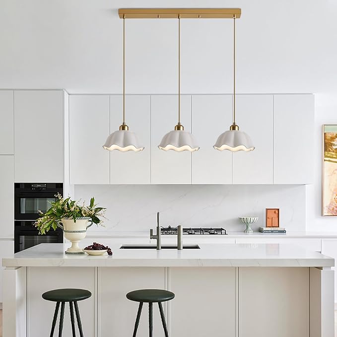 3-Light Hanging Pendant Light Fixtures Gold Kitchen Island Lighting Vintage Milk Glass Light Adjustable White Wave Ceramic Hanging Ceiling Light Nordic Retro Ceiling Lamp MPL11-3S GD