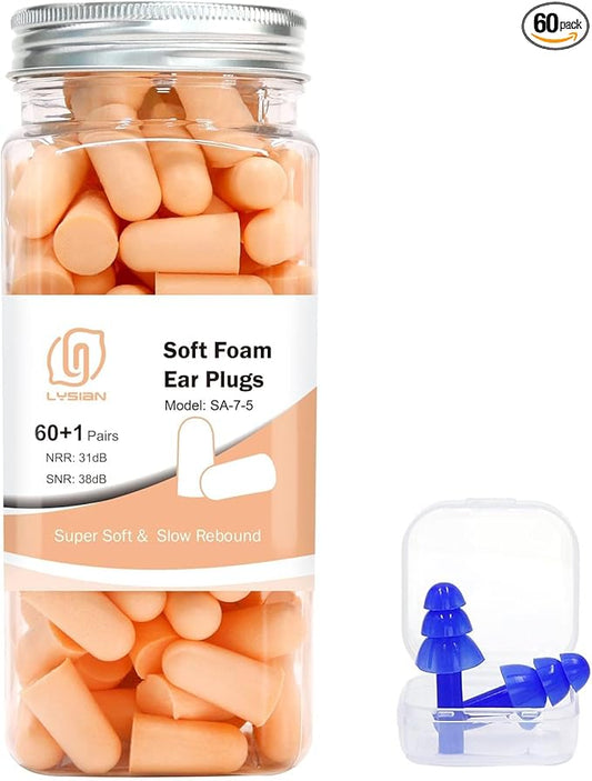 LYSIAN Flesh Color Foam Ear Plugs for Sleeping - 60 Pairs 38dB SNR Noise Reduction Earplugs with Reusable Silicone Earplug Ultra Soft Hearing Protection for Snoring, Work, Shooting and All Loud Events