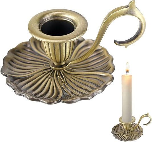 Vintage Candle Stick Holder, Handle Stand Iron Candle Stick Holder, Small Taper Candle Holder for Table Home Decoration (Brass)