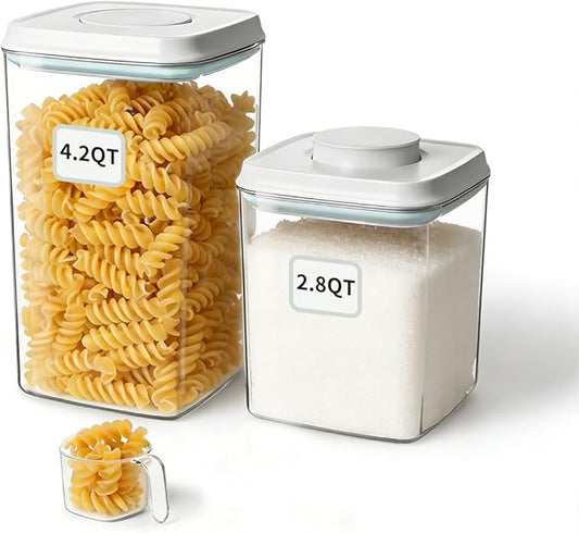 EQI Airtight Food Containers Set with One-Touch Lid, Mixed Size Set (2.8 QT / 2.65 L & 4.2 QT / 4.0 L) with Scoop, Stackable Jars for Complete Kitchen Organization.