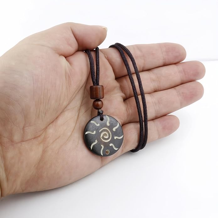 Handmade Black Bull Bone Pendant Necklace, Traditional Tribal Design, Wooden Beads, Adjustable Braided Rope, 24 Inch, Surfer Style
