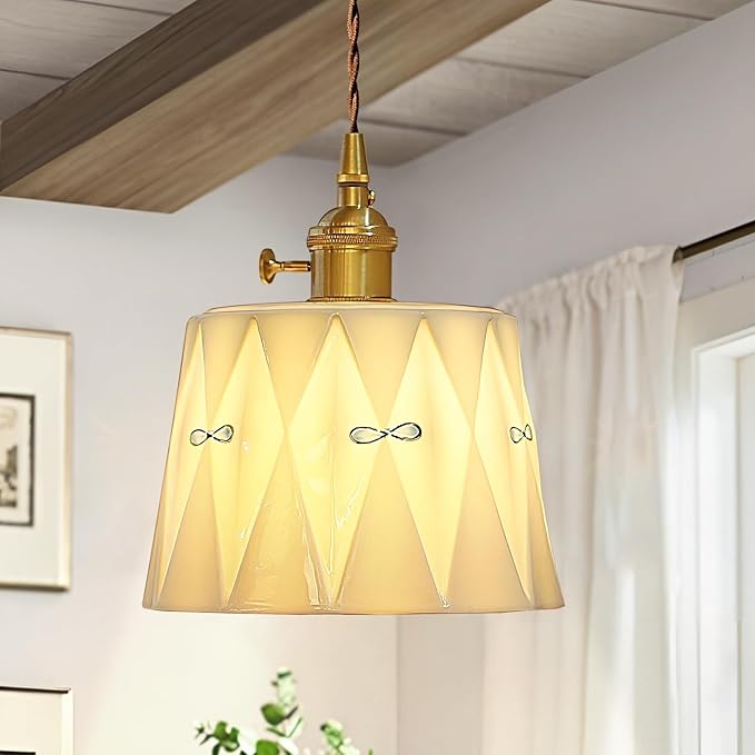 Vintage Ceramic Pendant Light, Mid Century Modern Hanging Lamp, White Ceramic Shade Brass Finish Ceiling Pendant Light for Bedside Dining Room Kitchen Island