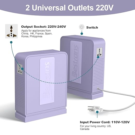 2000W Step Up Transformer 110v to 220v Converter, Heavy Duty Voltage Converter 110v to 220v with Dual Outlets, Overload Protection & Ultra-Quiet Design for Home Appliances,Light Purple