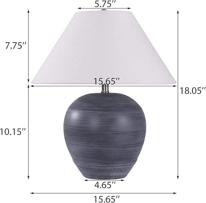 Pia Ricco 21'' Medium Size Black Glossy Ceramic Base Ceramic Basin Table Lamp for Bedroom, Living Room, Dining Room, Office, White Shade,White Striped Black Base