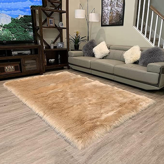 LAMBZY High Pile Super Soft Faux Sheepskin Rug (Beige, 3'x5')