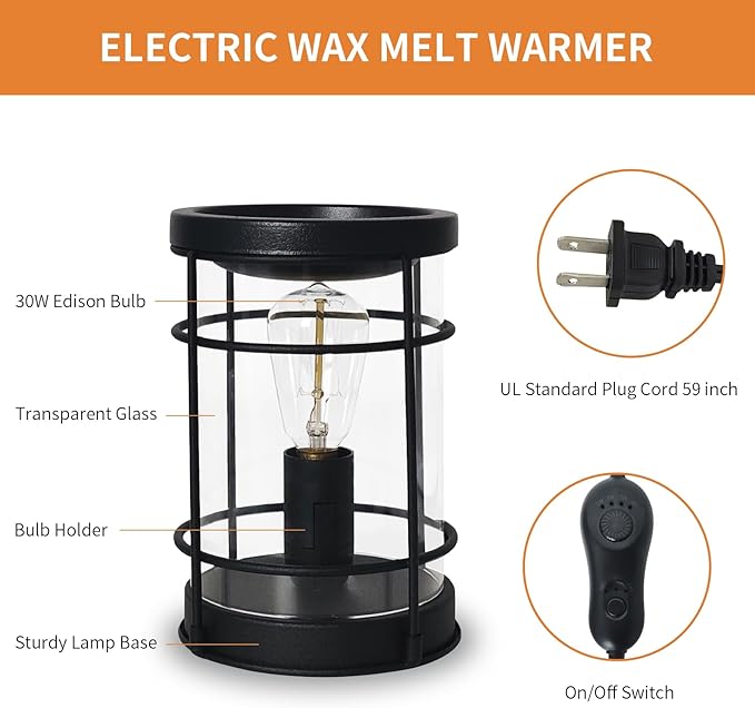 LIFFY Candle Wax Melt Warmer - Wax Warmer Scented, Fragrance Oil Burner, Metal Melter Lamp for Rustic Home Decor Office Bedroom Aromatherapy, Birthday Gifts for Women, Timer & 2 Edison Bulbs