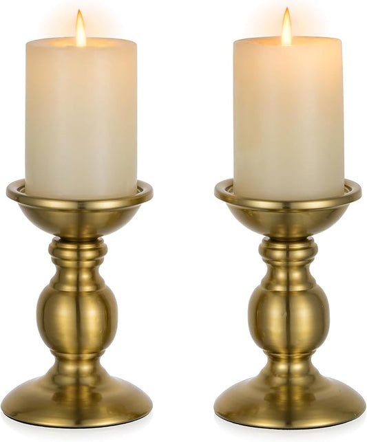 NUPTIO Gold Candle Holder for Table: Brass Pillar Candle Stand Decorative for Fireplace Decor - Metal Vintage Candleholder for Christmas New Year Party Centerpiece(2 x S)